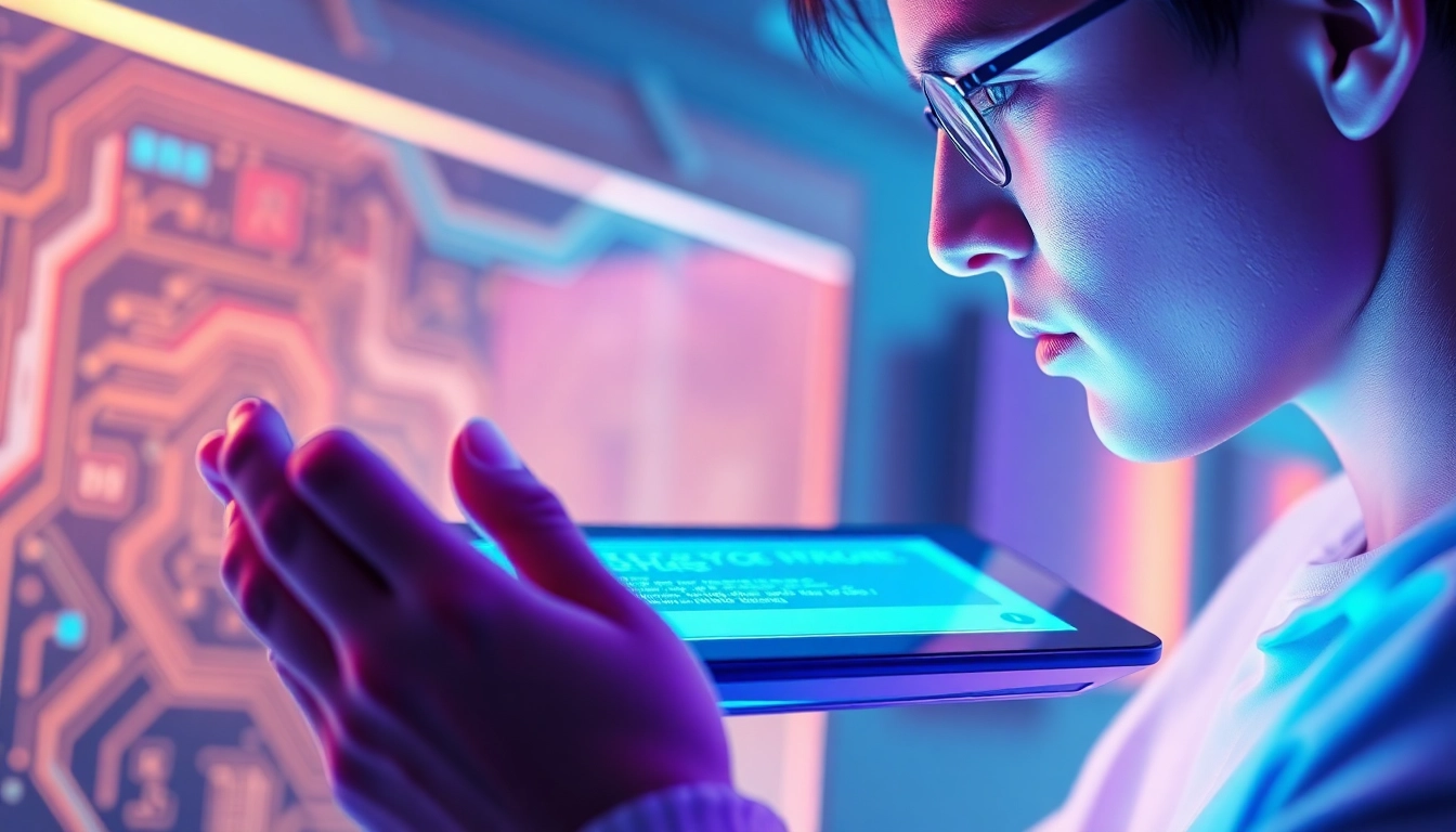 An illustration of a user interacting with a high-tech AI chatbot interface on a sleek device, with neon highlights and digital textures, in a futuristic environment.