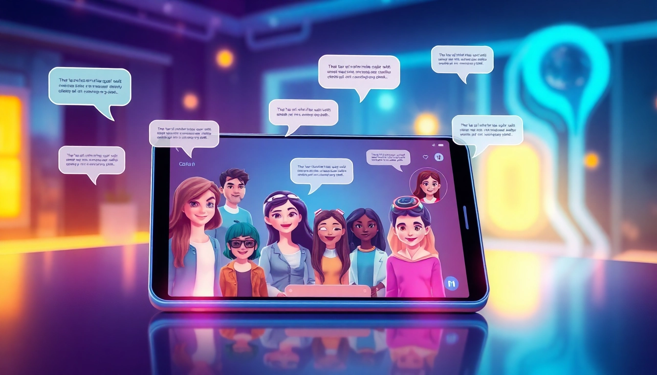 Digital illustration of AI characters interacting on a futuristic device with holographic chat elements