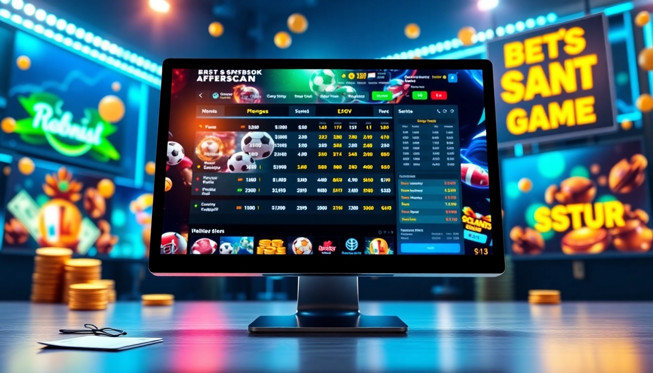 Digital illustration of an online sportsbook and casino interface with vibrant neon accents and betting elements.