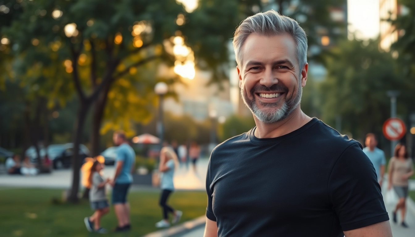 Attractive mature man confidently standing in urban park during golden hour