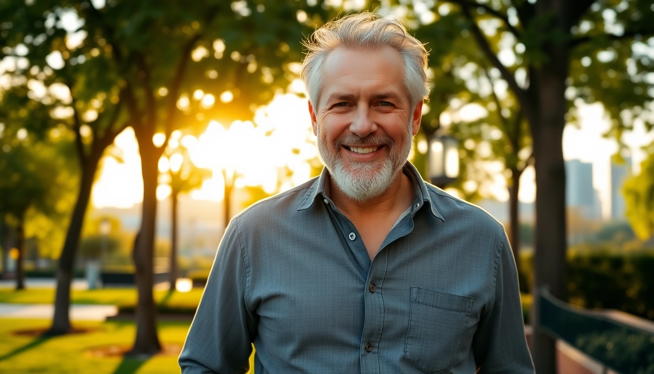 An attractive mature man smiling confidently in a park during golden hour.