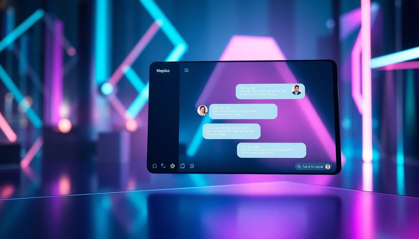 Futuristic digital chat interface with customizable AI characters in vibrant neon colors.