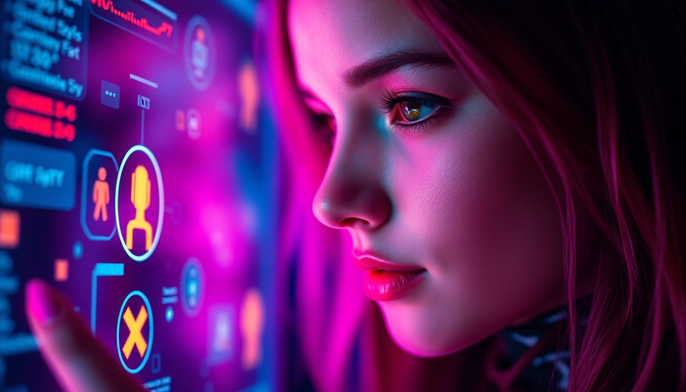 Illustration of a person engaging in nsfw ai chat with a digital AI girl on a neon-lit holographic screen, emphasizing realism and privacy features.