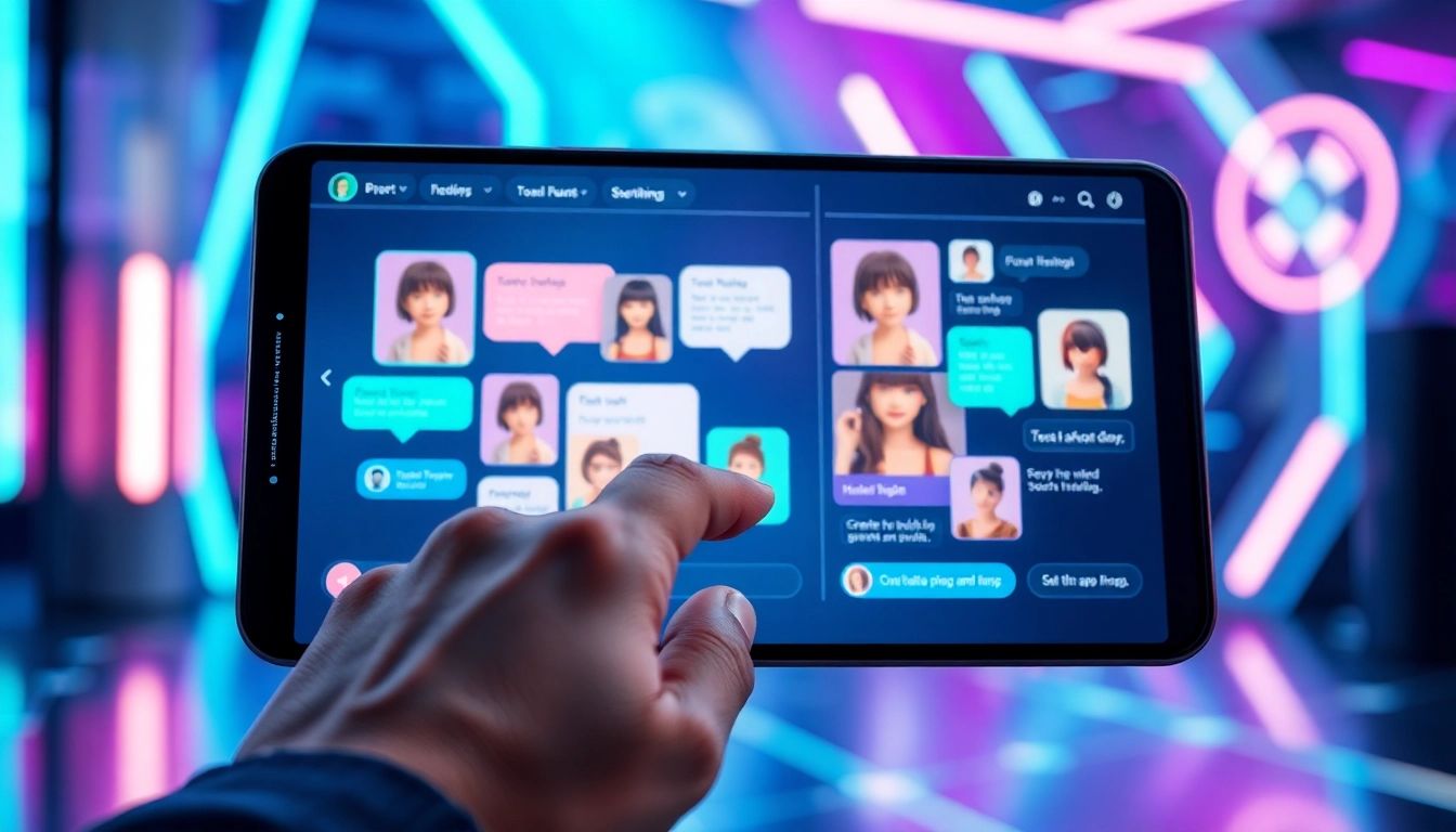 Digital interface with customizable AI characters and chat bubbles in a colorful, futuristic setting.