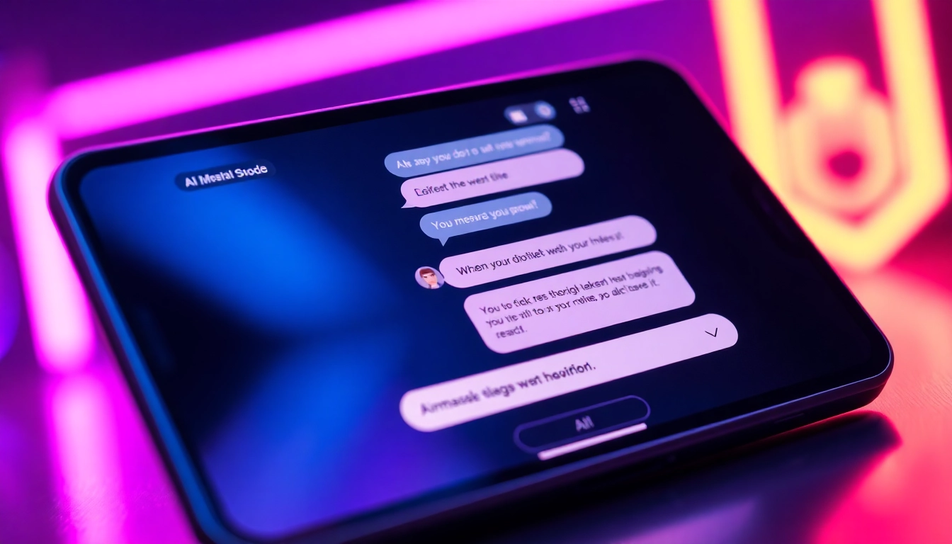 Futuristic AI chatbot interface on a modern device showing an engaging NSFW chat conversation with neon accents and digital elements.