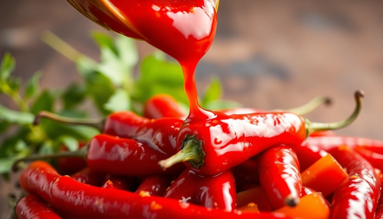 Red Chilli Sauce being poured over fresh spicy ingredients for cooking or dipping
