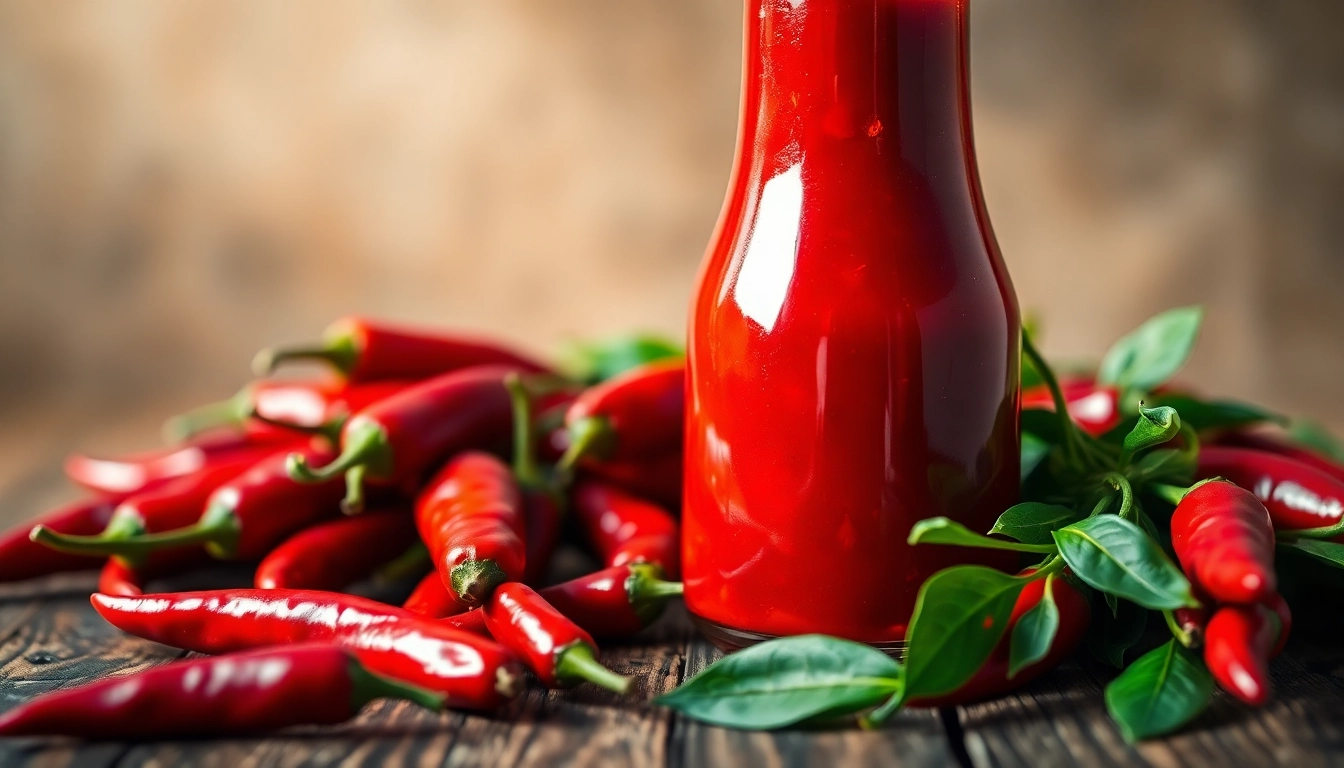 Red Chilli Sauce being poured from a glass bottle onto a plate of grilled meats, highlighting
